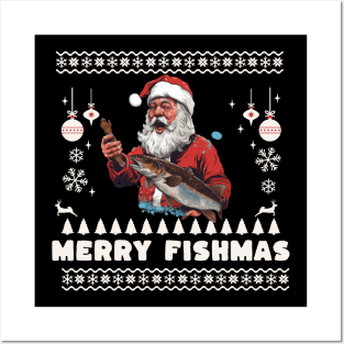 Merry Fishmas Santa Fishing Ugly Christmas Sweater Posters and Art